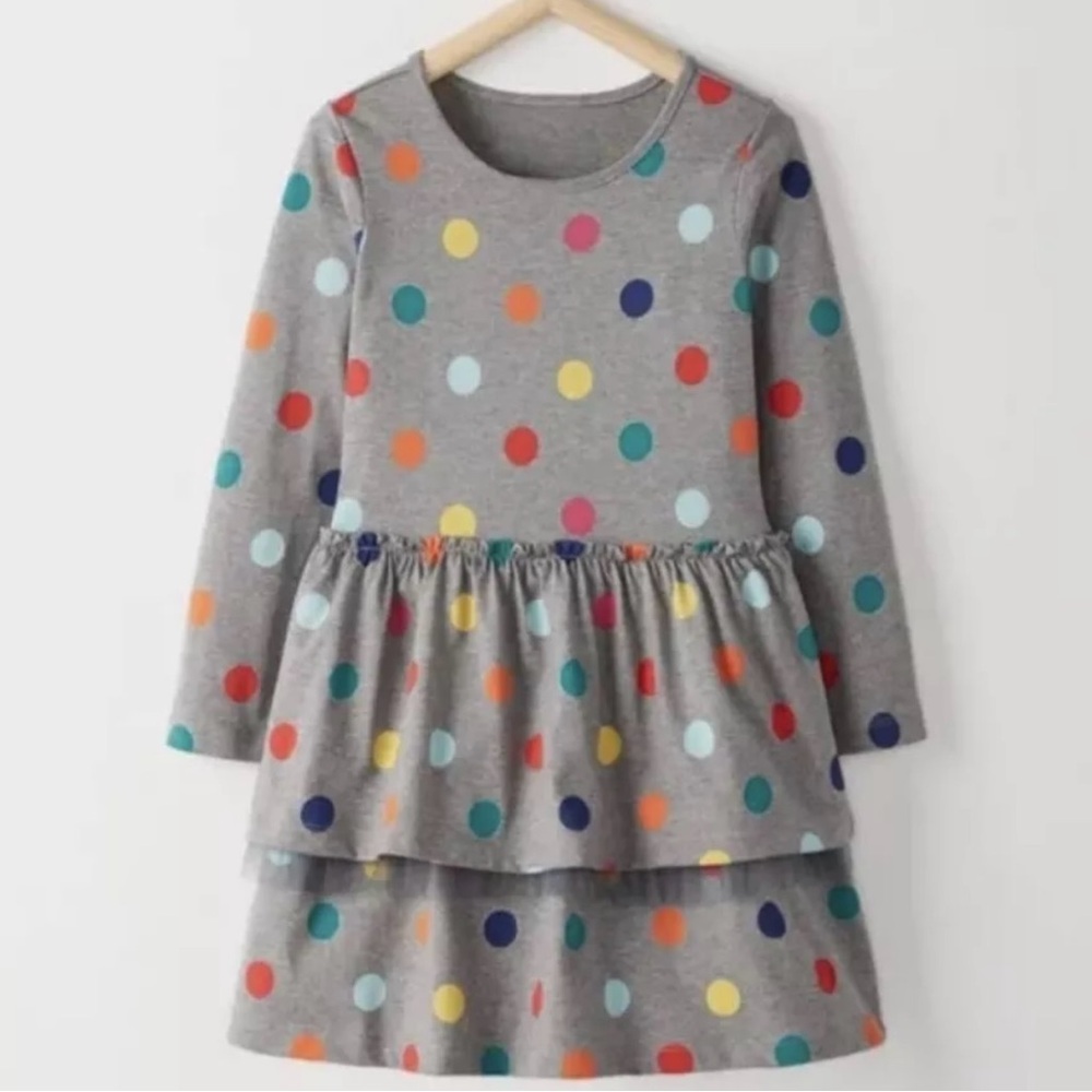 Hanna Andersson Gray Tiered Dropwaist Rainbow Polka Dot Dress 120/6-7 NWT